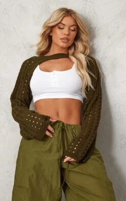 Khaki Cut Out Extreme Cropped Knit Sleeves