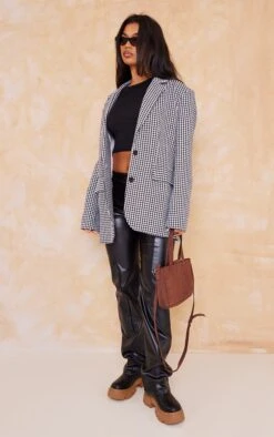 Monochrome Houndstooth Oversized Curved Hem Boxy Blazer