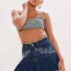 Indigo Vintage Wash Diamanté Raw Edge Pleated Denim Mini Skirt