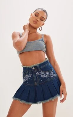 Indigo Vintage Wash Diamanté Raw Edge Pleated Denim Mini Skirt