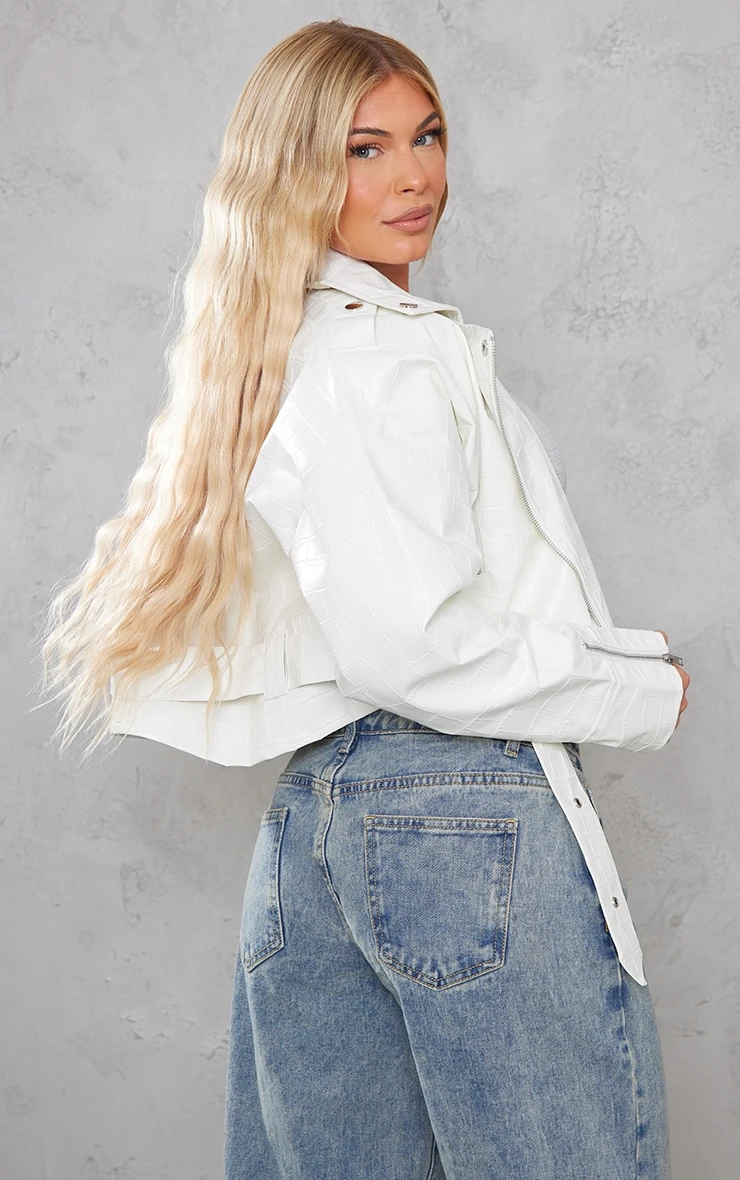 White Croc Faux Leather Oversized Biker Jacket 2 White Croc Faux Leather Oversized Biker Jacket - Image 2