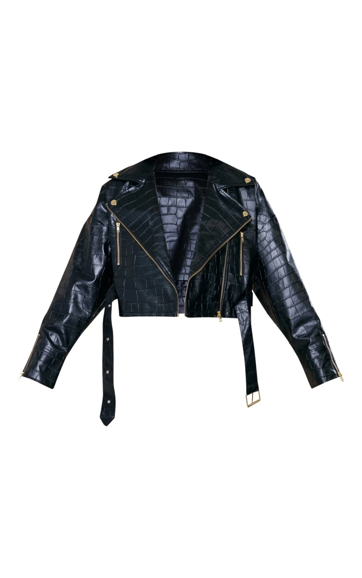 Black Croc Faux Leather Oversized Biker Jacket 5 Black Croc Faux Leather Oversized Biker Jacket - Image 5