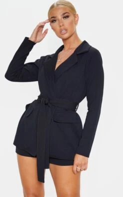 Black Belted Front Pocket Detail Blazer