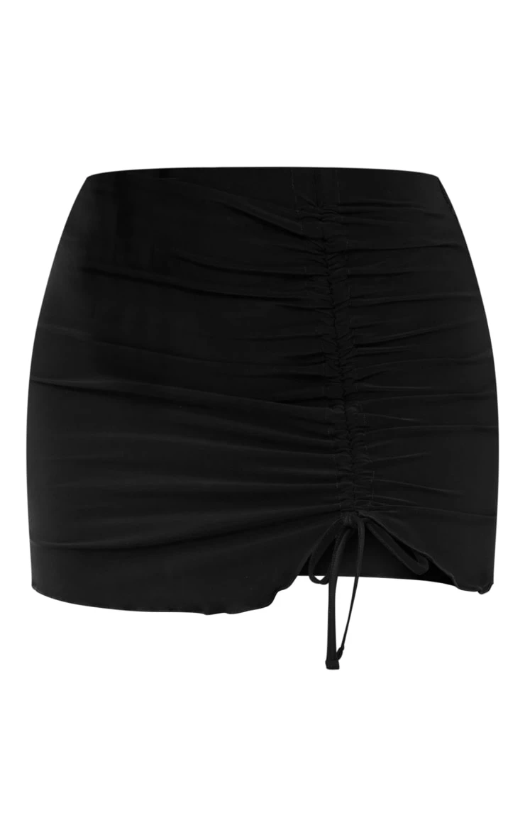 Black Slinky Ruched Front Lettuce Hem Mini Skirt 6 Black Slinky Ruched Front Lettuce Hem Mini Skirt - Image 6