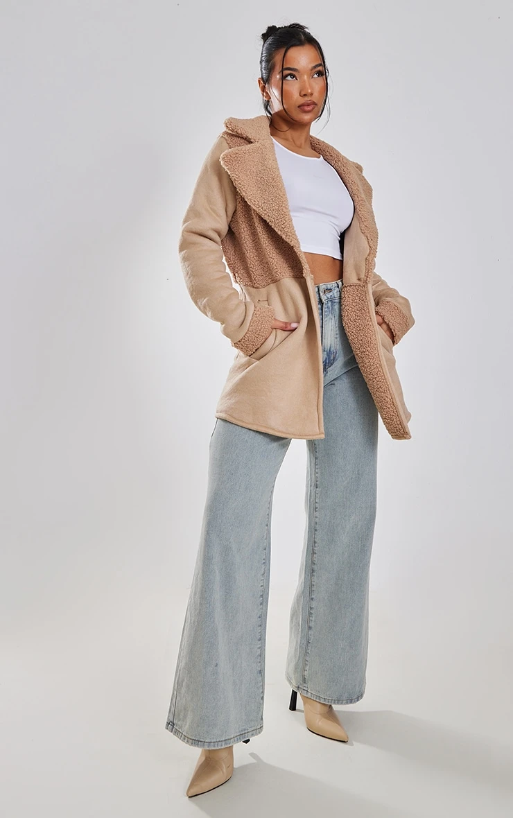 Beige Faux Suede Contrast Borg Coat 1 Beige Faux Suede Contrast Borg Coat