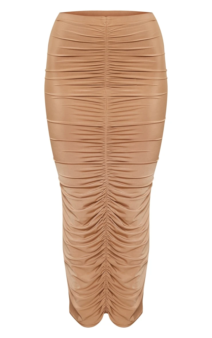 Camel Slinky Ruched Front Detail Maxi Skirt 5 Camel Slinky Ruched Front Detail Maxi Skirt - Image 5