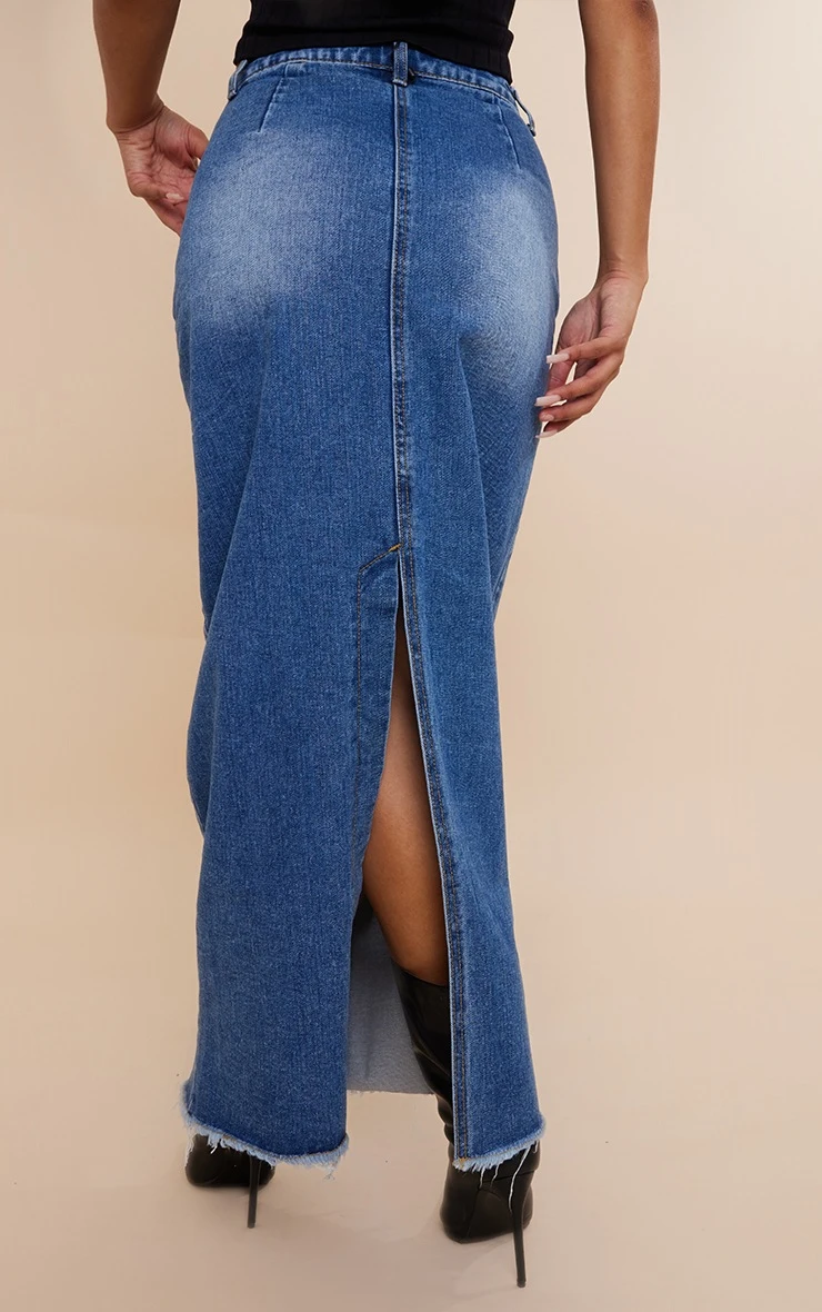 Mid Blue Wash Raw Hem Denim Maxi Skirt 3 Mid Blue Wash Raw Hem Denim Maxi Skirt - Image 3
