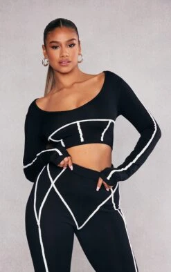 Black Contrast Binding Long Sleeve Knitted Crop Top