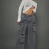 Grey Acid Wash Low Rise Baggy Boyfriend Cargo Jeans