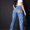 PRETTYLITTLETHING Mid Blue Bum Rip Mom Jeans