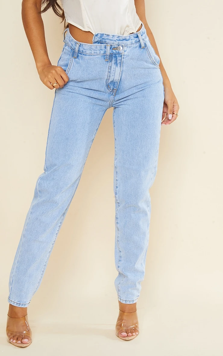 Light Blue Wash Asymmetric Waistband Long Straight Leg Jeans 3 Light Blue Wash Asymmetric Waistband Long Straight Leg Jeans - Image 3