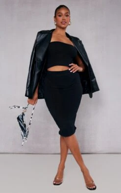 Black Sheer Soft Rib Low Rise Floaty Midi Skirt