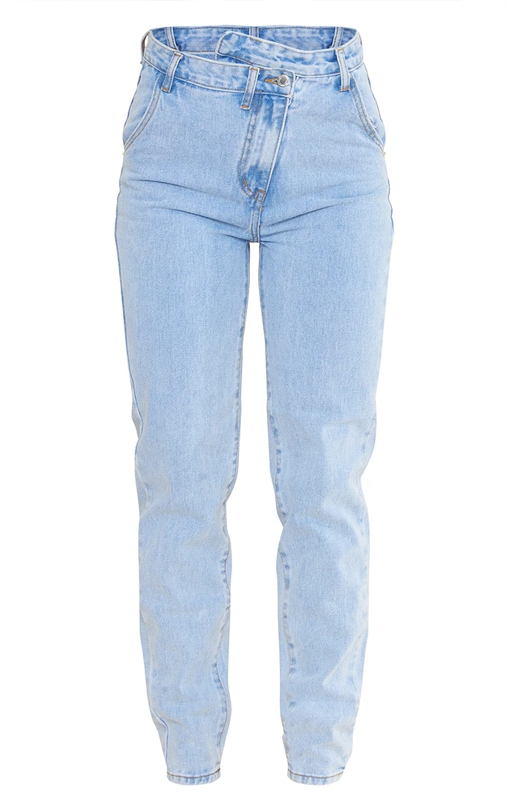Light Blue Wash Asymmetric Waistband Long Straight Leg Jeans 6 Light Blue Wash Asymmetric Waistband Long Straight Leg Jeans - Image 6