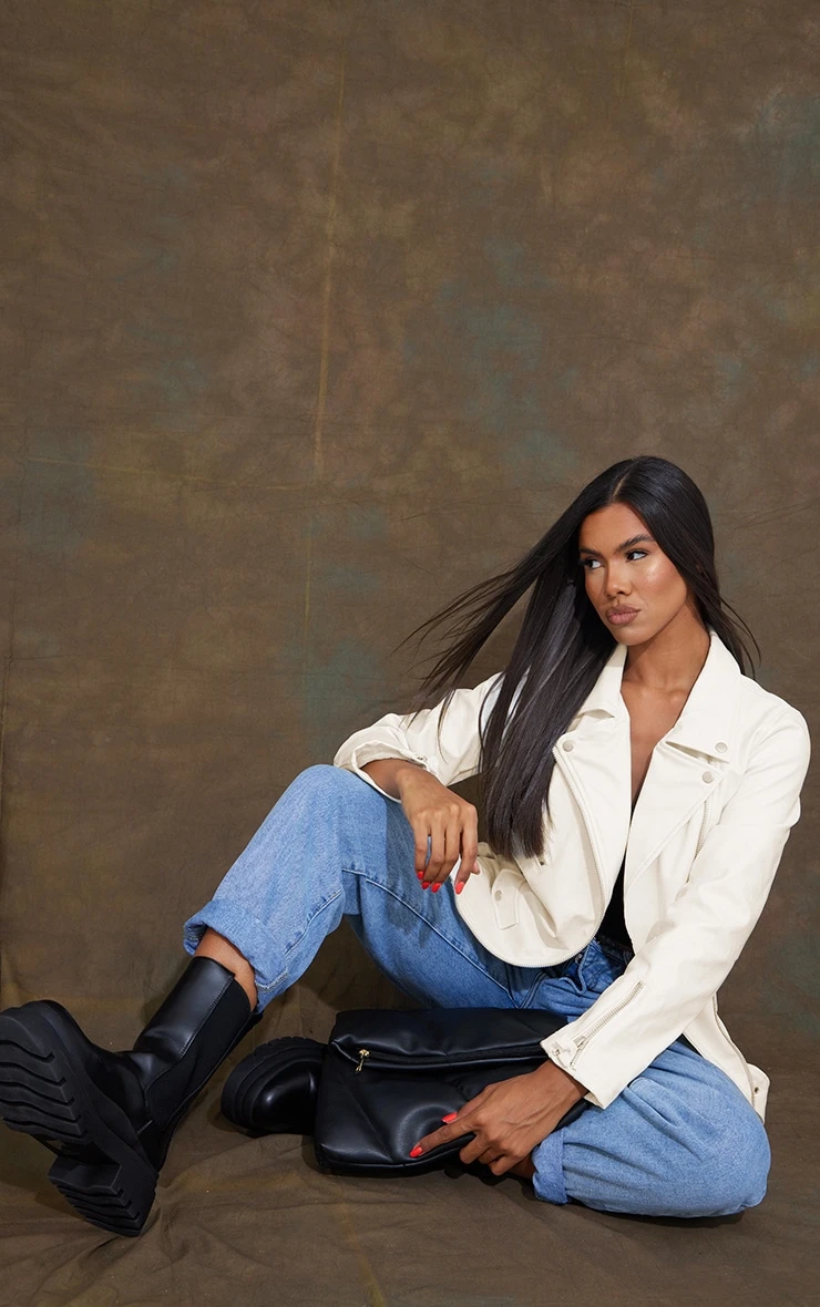 Off White Faux Leather Longline Belted Biker Jacket 3 Off White Faux Leather Longline Belted Biker Jacket - Image 3