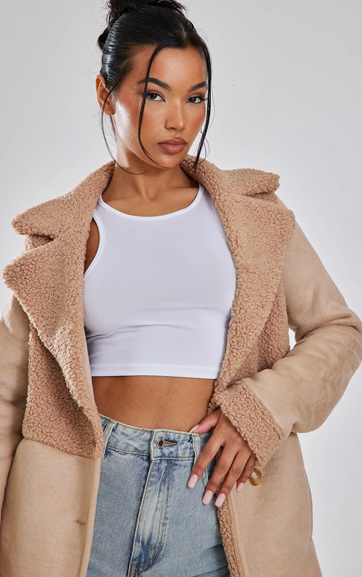 Beige Faux Suede Contrast Borg Coat 4 Beige Faux Suede Contrast Borg Coat - Image 4