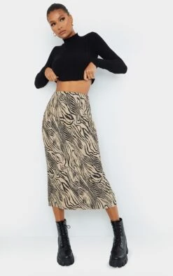 Brown Zebra Print Plisse Printed Midi Skirt