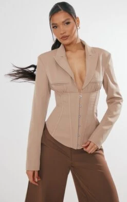 Taupe Corset Waist Shoulder Pad Blazer