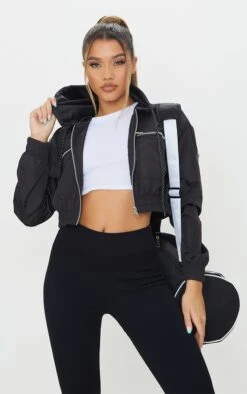 Black Nylon Shell Cropped Zip Front Jacket
