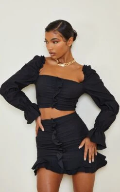 Black Woven Stretch Frill Ruched Front Mini Skirt -Modern Wear Boutique 5c5bae30f3fdfefd835f7825cb98bf7dd324862a cmo9486 4