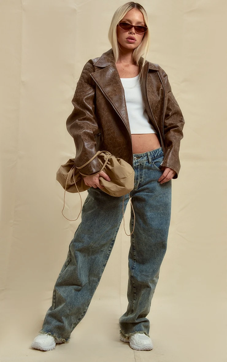 Brown Oversized Faux Leather Distressed Look Biker Jacket 3 Brown Oversized Faux Leather Distressed Look Biker Jacket - Image 3