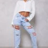PRETTYLITTLETHING Light Blue Wash Ripped Mom Jeans
