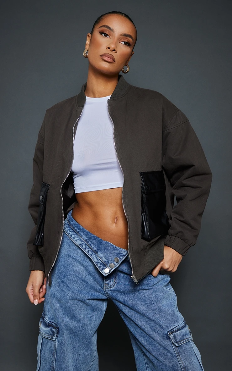 Khaki Contrast Faux Leather Pocket Oversized Bomber Jacket 1 Khaki Contrast Faux Leather Pocket Oversized Bomber Jacket