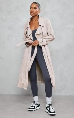 Modern Wear Boutique 29 Beige Crinkled Effect Belted Trench Coat