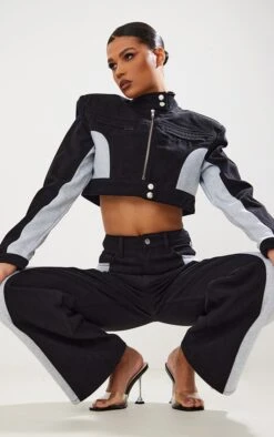 Black Contrast Panel Detail Cropped Denim Jacket