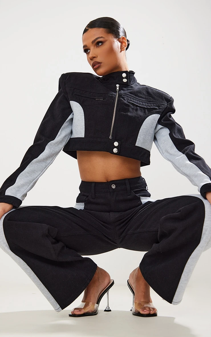 Black Contrast Panel Detail Cropped Denim Jacket 1 Black Contrast Panel Detail Cropped Denim Jacket