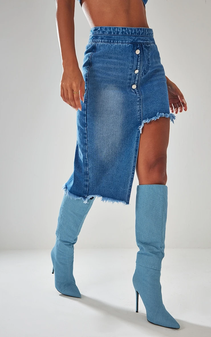 Indigo Blue Wash Raw Hem Asymmetric Denim Midi Skirt 3 Indigo Blue Wash Raw Hem Asymmetric Denim Midi Skirt - Image 3