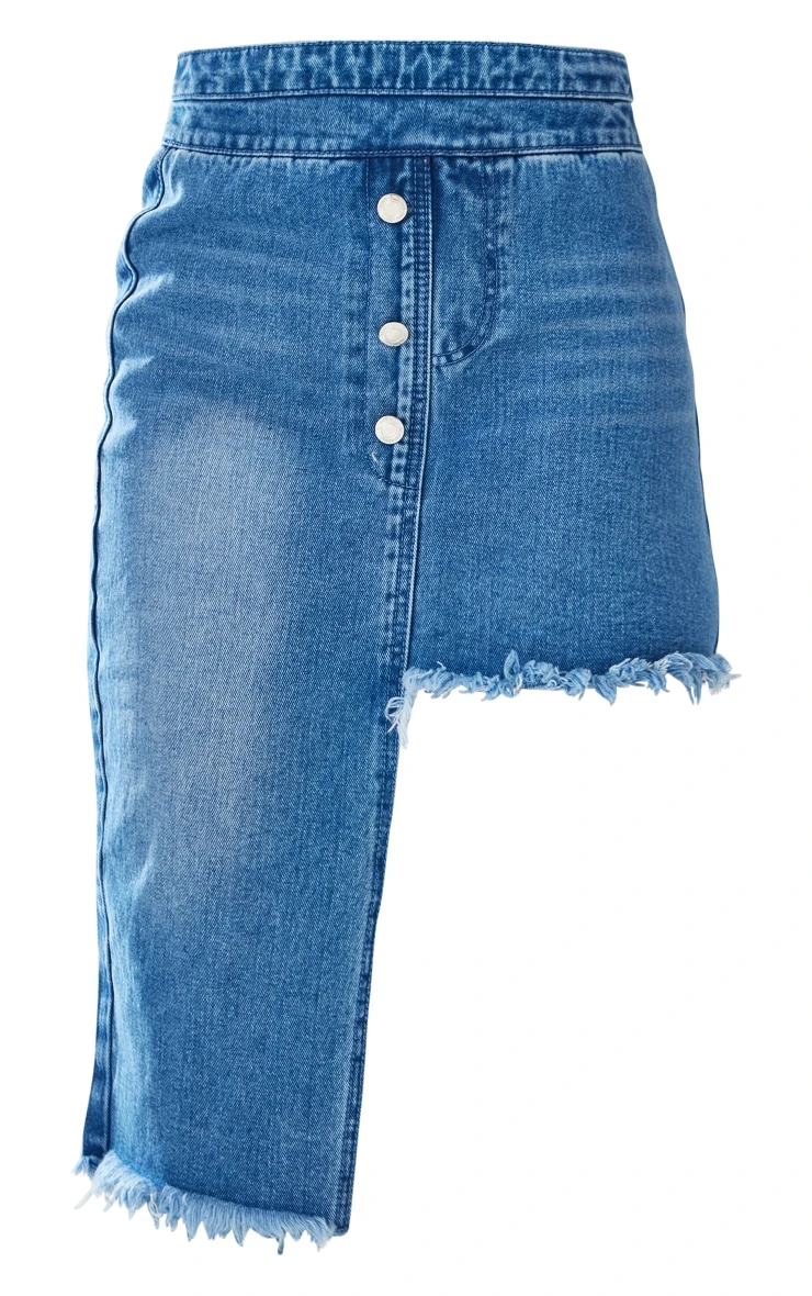 Indigo Blue Wash Raw Hem Asymmetric Denim Midi Skirt 6 Indigo Blue Wash Raw Hem Asymmetric Denim Midi Skirt - Image 6
