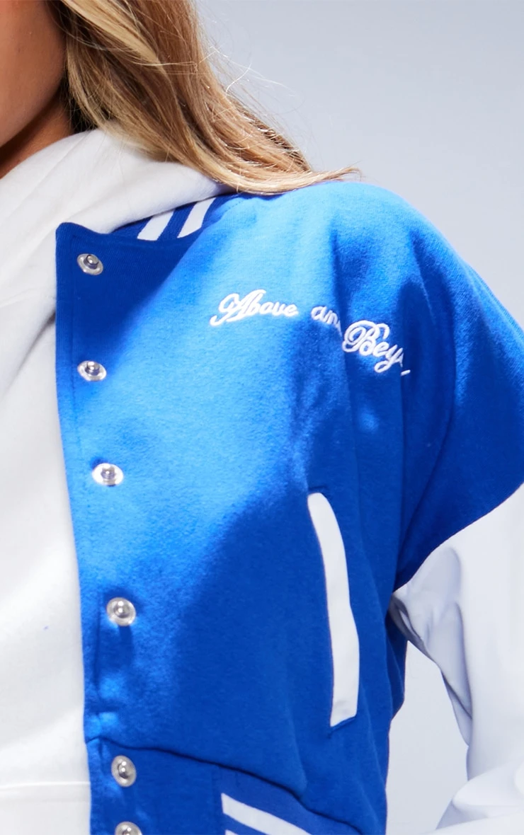 PRETTYLITTLETHING Bright Blue Varsity Slogan Contrast Sleeve Bomber Jacket 4 PRETTYLITTLETHING Bright Blue Varsity Slogan Contrast Sleeve Bomber Jacket - Image 4