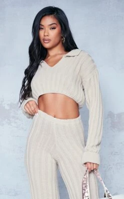 Oatmeal Wide Rib Knitted Collar Jumper