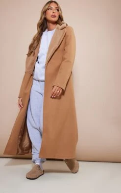 Camel Faux Fur Collar Wool Look Belted Coat
