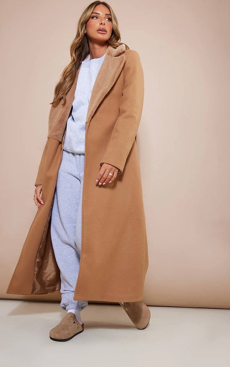 Camel Faux Fur Collar Wool Look Belted Coat 1 Camel Faux Fur Collar Wool Look Belted Coat