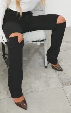 Washed Black Slash Knee Long Leg Straight Leg Jeans -Modern Wear Boutique 6425047c10d4acb2644340f6002ef542cbc8477b cmk8886 4