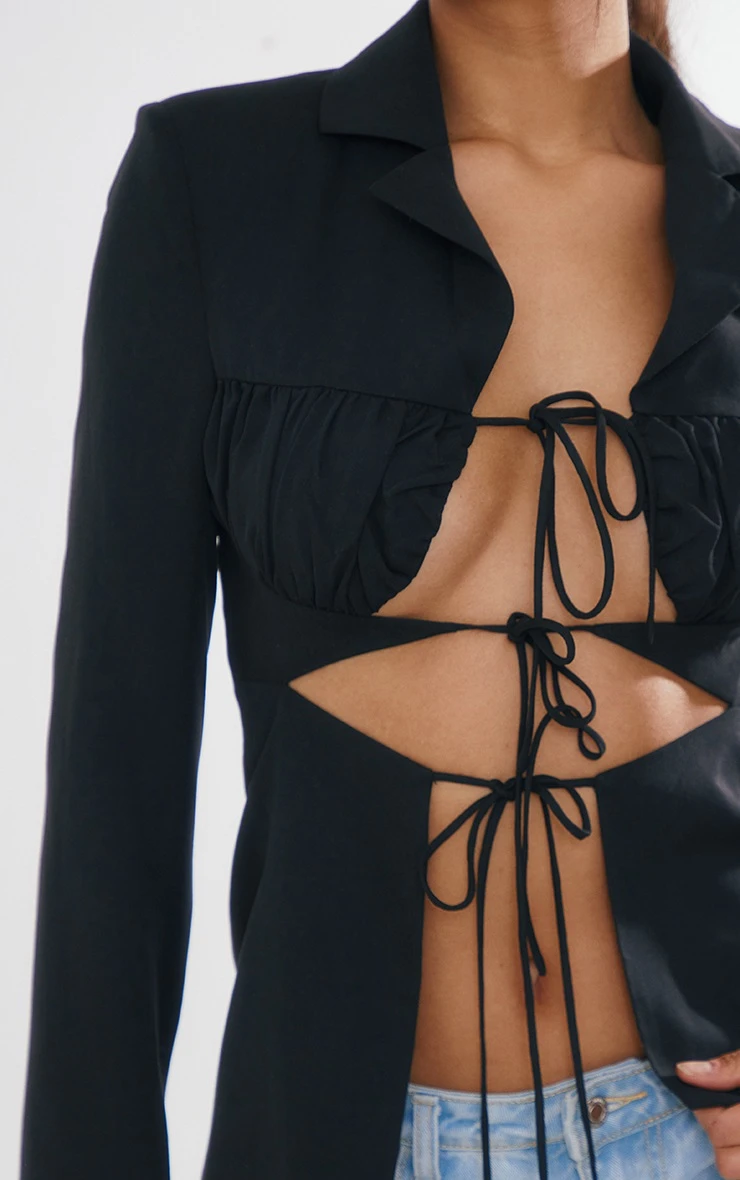 Black Layered Tie Front Fitted Blazer 4 Black Layered Tie Front Fitted Blazer - Image 4