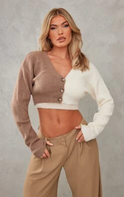 Mocha Colour Block Cropped Knit Cardigan