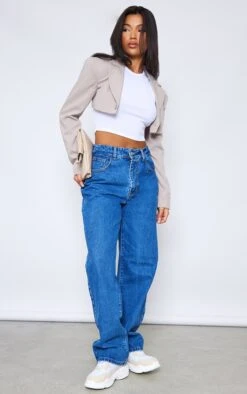Mid Blue Wash Dipped Back Waistband Boyfriend Jeans