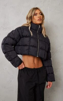Black Square Quilted Cropped Puffer