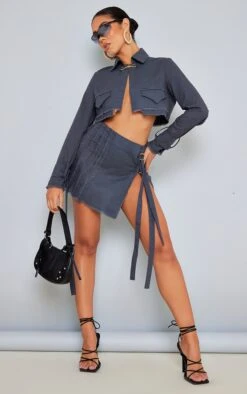 Charcoal Woven Raw Hem Buckle Trim Micro Mini Skirt