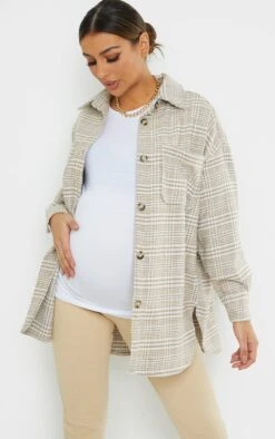 Maternity Camel Dogtooth Brushed Check Shacket
