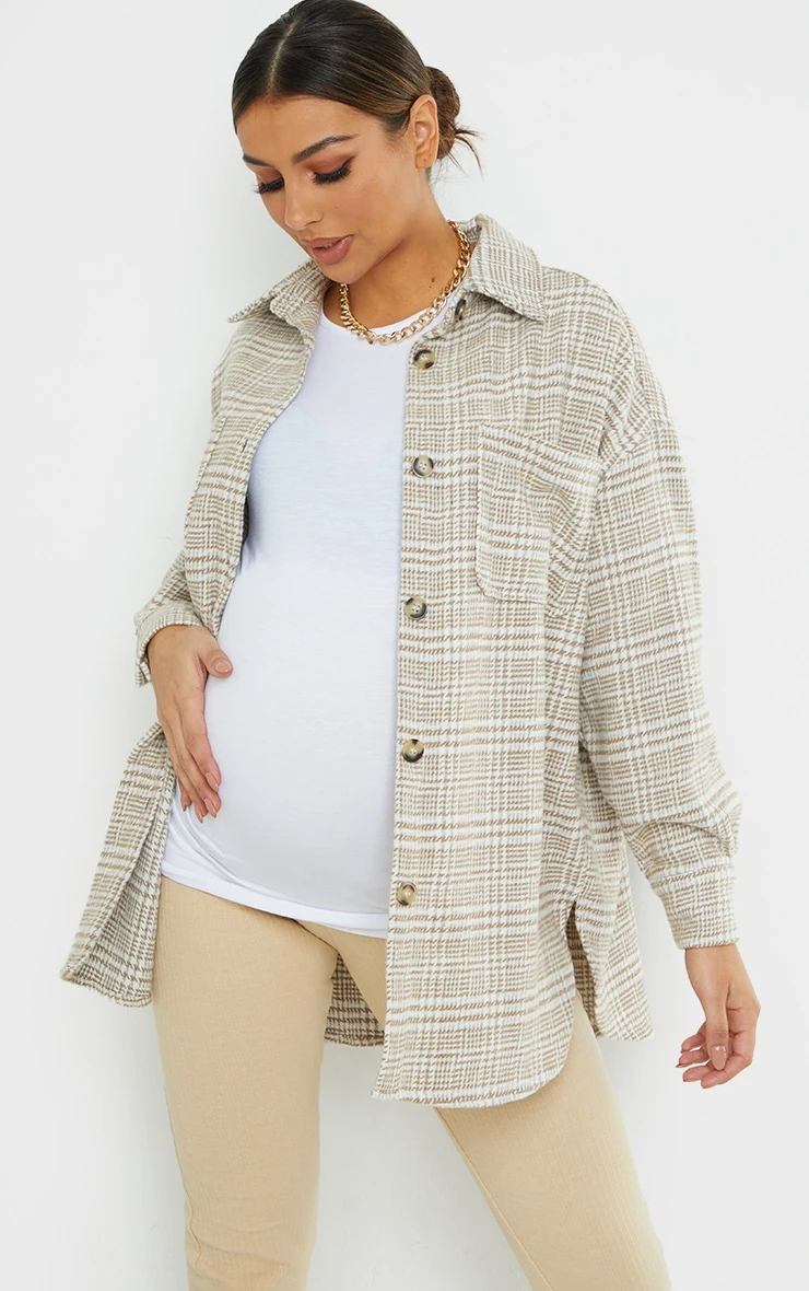 Maternity Camel Dogtooth Brushed Check Shacket 1 Maternity Camel Dogtooth Brushed Check Shacket