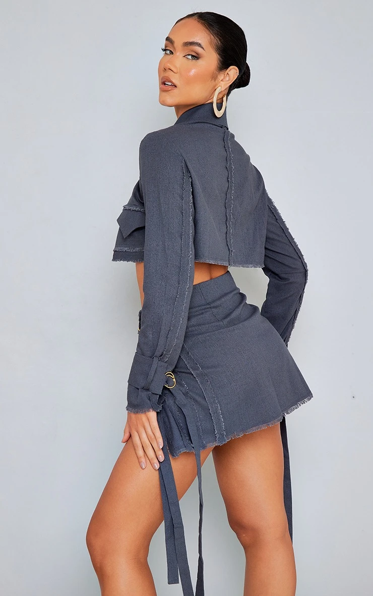 Charcoal Woven Raw Hem Buckle Trim Cropped Blazer 2 Charcoal Woven Raw Hem Buckle Trim Cropped Blazer - Image 2