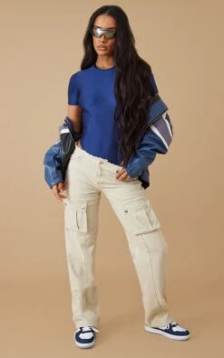 Washed Stone Frayed Waistband Cargo Pocket Jeans