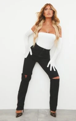 Washed Black Slash Knee Long Leg Straight Leg Jeans