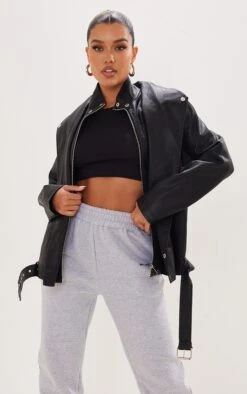 Black Double Layer Textured Faux Leather Oversized Biker Jacket