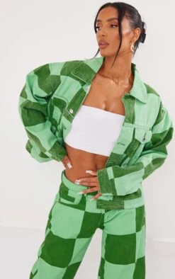 Green Check Print Denim Jacket