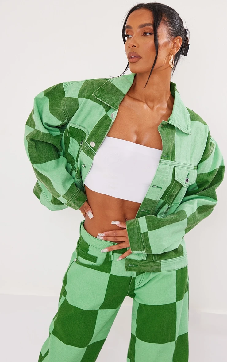 Green Check Print Denim Jacket 1 Green Check Print Denim Jacket