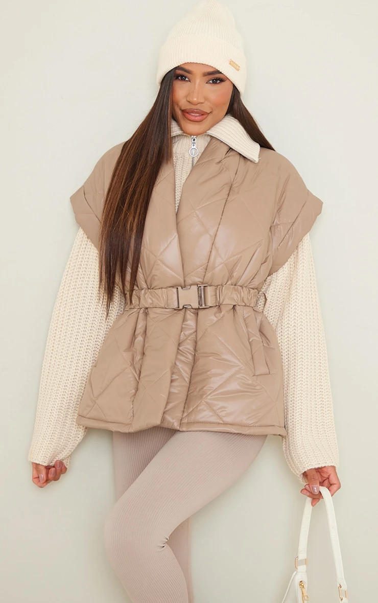 Taupe Belted Diamond Quilted Gilet 1 Taupe Belted Diamond Quilted Gilet